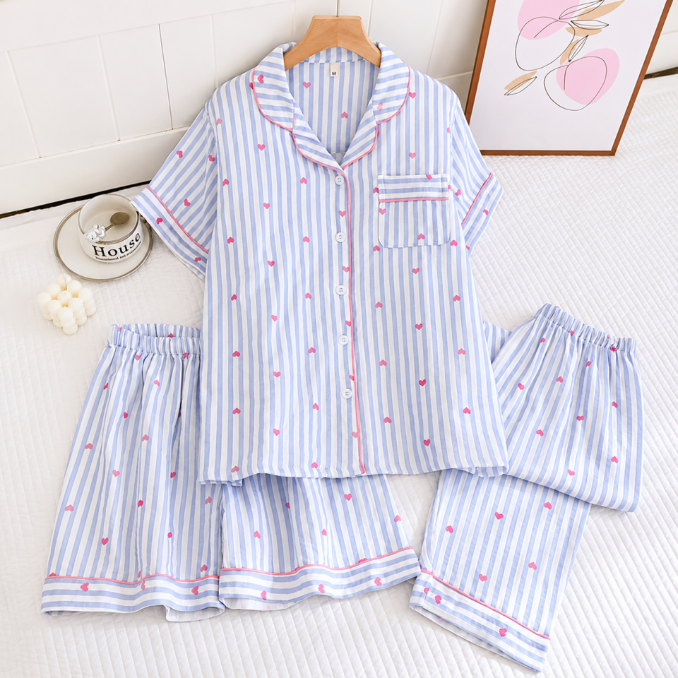 Blue Love  (%100 Pamuk Müslin Pijama Takımı) 3'LÜ SET