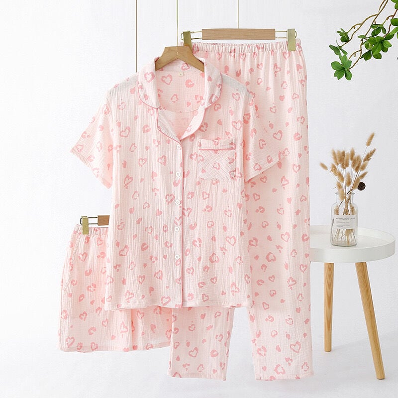 Pink Heart (%100 Pamuk Müslin Pijama Takımı) 3'LÜ SET